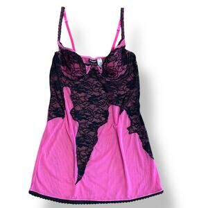 Frederick’s of Hollywood Vintage Pink Black Lace Sheer Camisole Tank Top Size XL